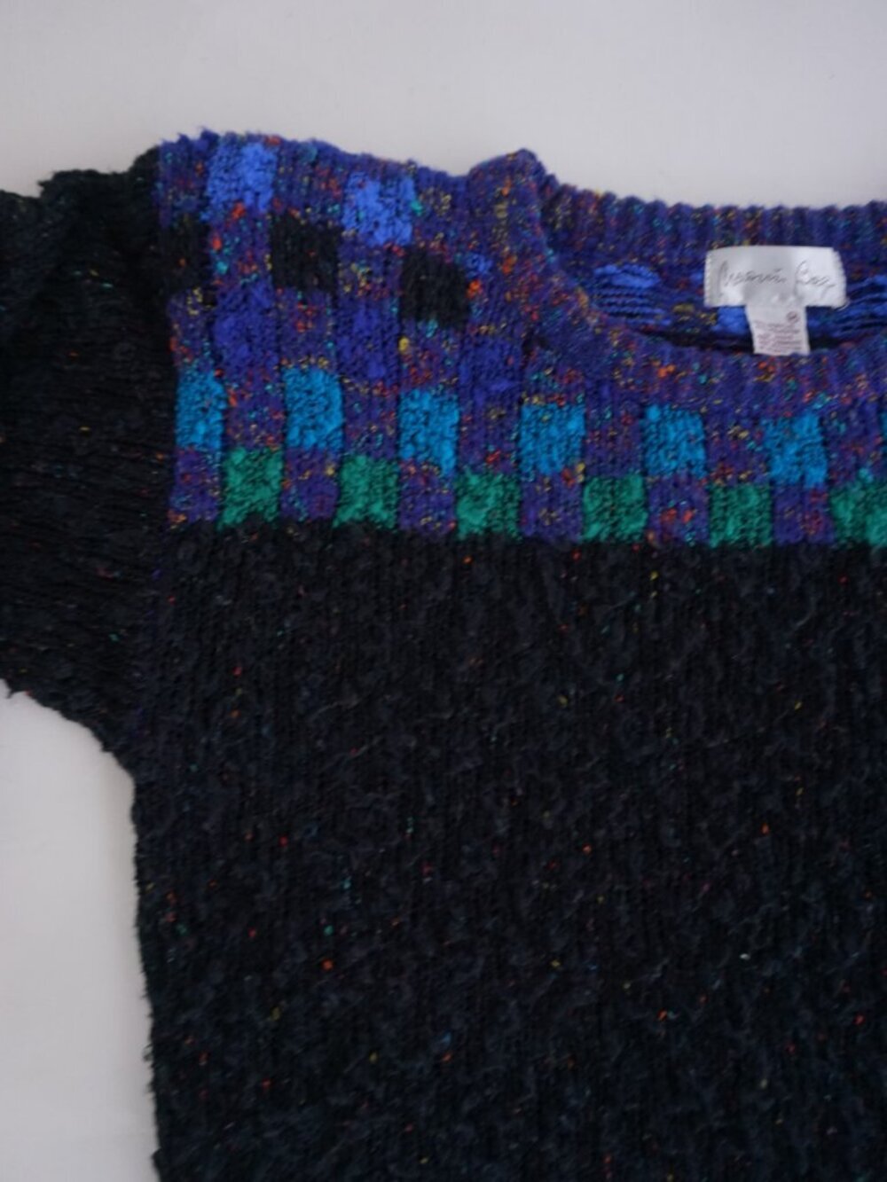 Vintage Black Knit Check Boucle Speckled Pocket Tunic Retro Shapes Sweater M - Picture 8 of 9